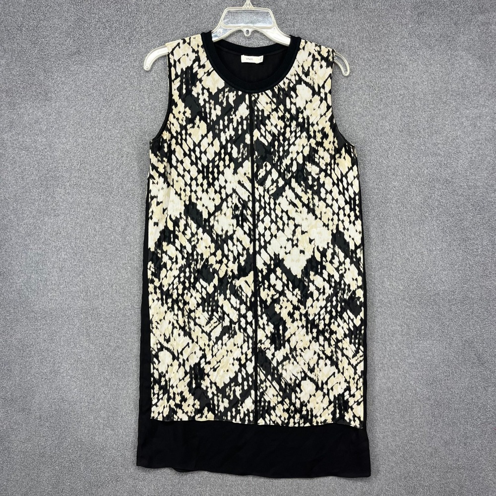 Vince Silk Snake Print Shift Dress Womens 6 Black Cream Sleeveless Minimalist